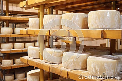 white molds covering parmesan wheels on wooden racks Stock Photo