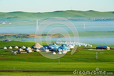 The white mongolia yurts on the Hulunbuir grassland Stock Photo
