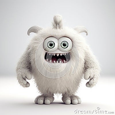 Cute White Monster In 3d With Scary Eyes - Vray Tracing Style Stock Photo