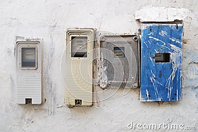 White moroccan wall with electric meters Editorial Stock Photo