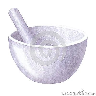 White mortar for chopping herbs. Bowl and pestle. Tool for grinding spices and herbs. Hand draw watercolor illustration Cartoon Illustration