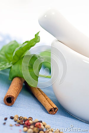 White mortar, herbs and spices Stock Photo