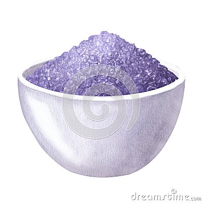 White mortar with lavender sea salt bowl. Aromatherapy, spa, bath. Hand draw watercolor illustration isolated on white Cartoon Illustration