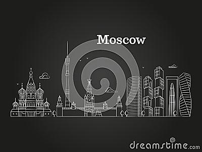 White Moscow linear Russia landmark, vector panorama with soviet buildings on black background Vector Illustration