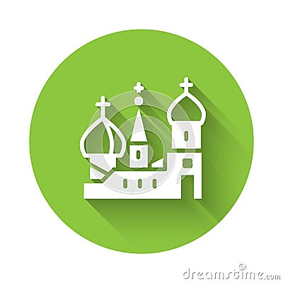 White Moscow symbol - Saint Basil`s Cathedral, Russia icon isolated with long shadow. Green circle button. Vector Vector Illustration