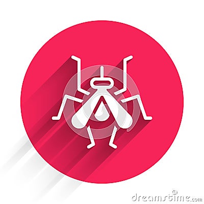 White Mosquito icon isolated with long shadow background. Red circle button. Vector Vector Illustration
