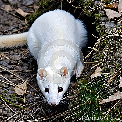 A white mouse sits on the ground, gazing at the camera with curiosity Stock Photo