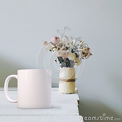 Feminine floral White blank coffee Mug Mockup. P Stock Photo