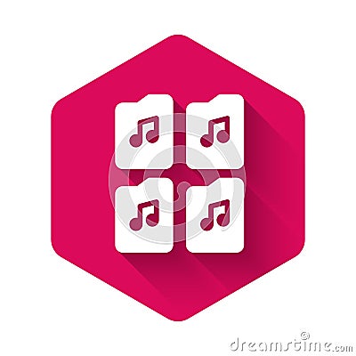 White Music file document icon isolated with long shadow. Waveform audio file format for digital audio riff files. Pink Vector Illustration
