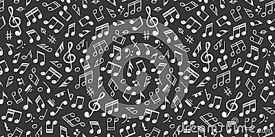 White music notes on black, seamless pattern Vector Illustration