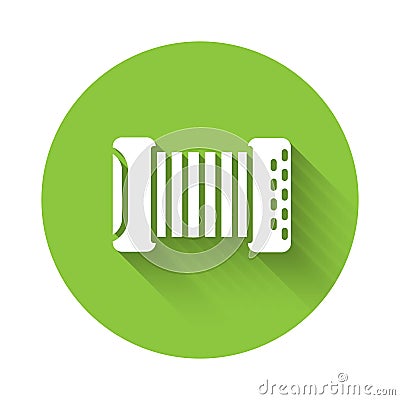 White Musical instrument accordion icon isolated with long shadow. Classical bayan, harmonic. Green circle button Vector Illustration