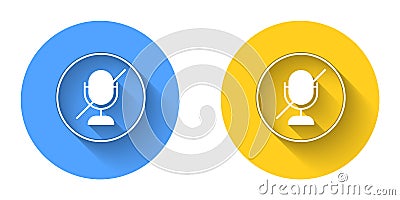 White Mute microphone icon isolated with long shadow background. Microphone audio muted. Circle button. Vector Vector Illustration