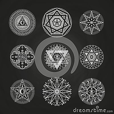 White mystery, occult, alchemy, mystical esoteric symbols on blackboard Vector Illustration