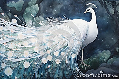 White mystical peacock, dramatic storybook illustration Cartoon Illustration