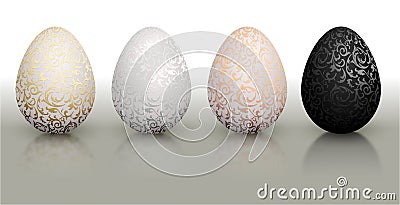 White natural color realistic Easter egg set with metallic floral pattern. Isolated on white background with reflection Vector Illustration