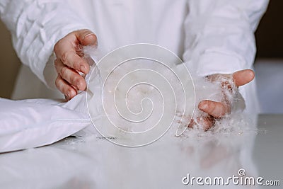 white natural fluff table hands employee clean form Stock Photo