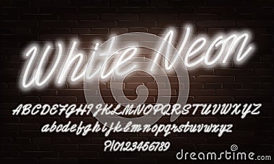 White Neon script alphabet font. Neon color lowercase and uppercase bright letters and numbers. Vector Illustration