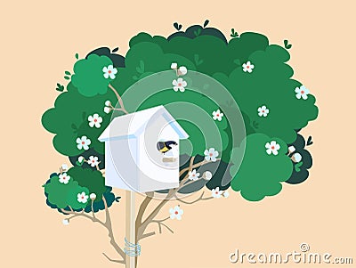 A white nesting box on a blossoming tree Vector Illustration