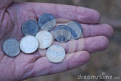 white new Ukrainian coins lie on a brown palm on a hand Stock Photo