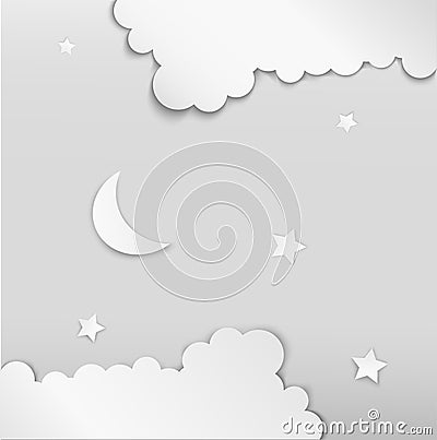 White night, paper moon and stars between the white cloud, white decoration, Vector Illustration
