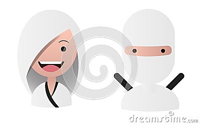 White ninja male female avatars set. White background. Vector Illustration