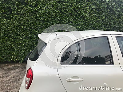 White Nissan March car is parking in front of green bush fence Editorial Stock Photo