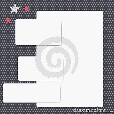 White note, notebook, copybook paper sheets or cards and stars stuck on black dotted background. Vector Illustration