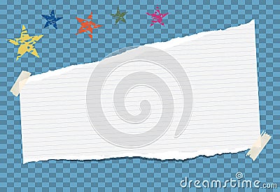 White note, notebook, copybook paper strip stuck on blue squared background. Vector Illustration