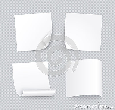 White note sheet of paper set with different shadow. Blank post for message, to do list. Set of four vector sticky notes Vector Illustration