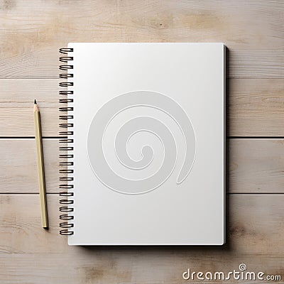 white notepad with a spiral mount and a white pen on a wood background Stock Photo