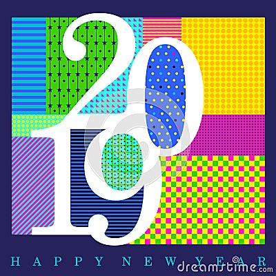 2019 white numerals designed with random colorful patterns with Happy New Year text Stock Photo