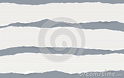White oblong lined paper strips with torn edges in horizontal position, paper for note are on gray background. Vector Vector Illustration