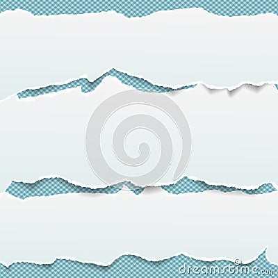White oblong paper strips placed one over another with torn edge in horizontal position on blue squared background Vector Illustration