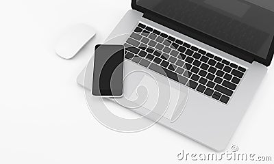 White office desk table with computer notebook, phone and mouse, workspace design illustration 3D rendering Cartoon Illustration