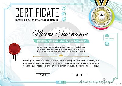 White official certificate with badge and wafer. Vector template. Grey colorful design elements on white background. Official blan Vector Illustration