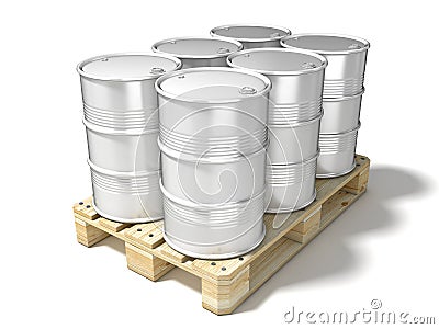 White oil barrels on wooden euro pallet. 3D Cartoon Illustration