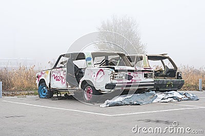 Soviet Old Car, Autumn, foggy day Stock Photo