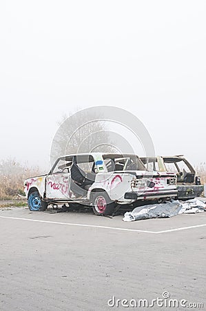 Soviet Old Car, Autumn, foggy day Stock Photo