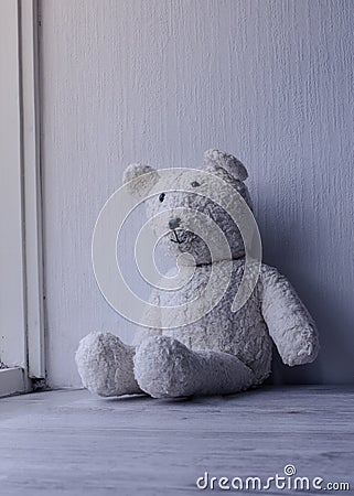 White old fashioned teddy bear sitting alone home Stock Photo