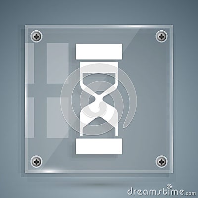 White Old hourglass with flowing sand icon isolated on grey background. Sand clock sign. Business and time management Vector Illustration