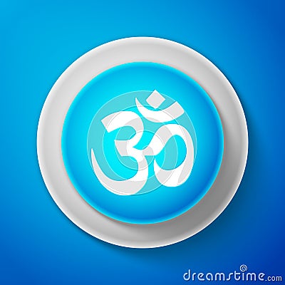 White Om or Aum Indian sacred sound icon isolated on blue background. Symbol of Buddhism and Hinduism religions Vector Illustration