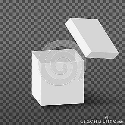 White open box mock up. Realistic vector cardboard cube with flying lid. Empty package surprise blank box Vector Illustration