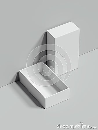 White opened rectangular box stands next to the grey wall, 3d rendering Stock Photo