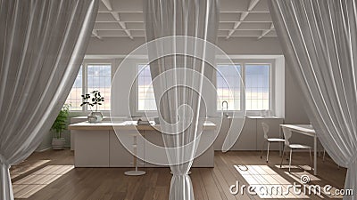 White openings curtains overlay modern kitchen, interior design background, front view, clipping path, vertical folds, soft tulle Stock Photo