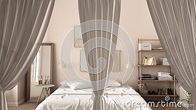 White openings curtains overlay wooden beige bedroom, interior design background, front view, clipping path, vertical folds, soft Stock Photo