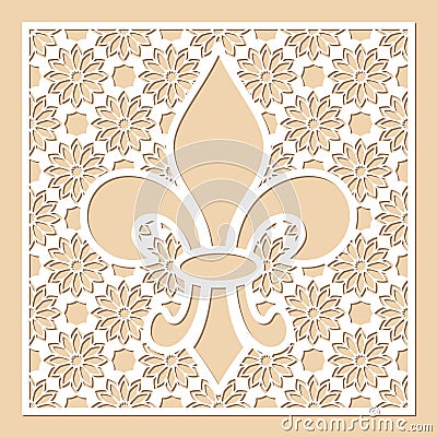 White openwork frame with feur de lis inside. Laser cutting template. Vector Illustration
