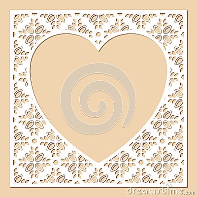 White openwork frame with heart inside. Laser cutting template. Vector Illustration