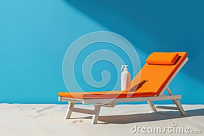 White and orange beach chair with a bottle of sunscreen. Generative AI Stock Photo