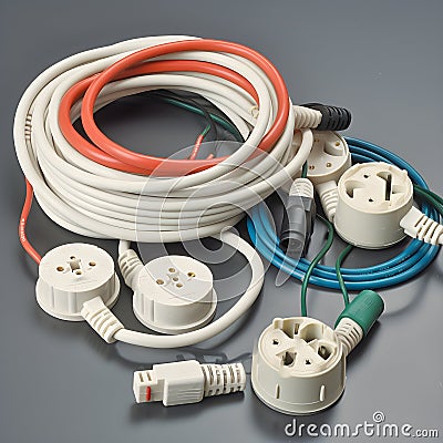 White, orange and blue cables in a circle with white plugs on a light grey background Stock Photo