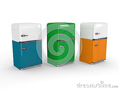 White, orange, blue and green retro refrigerator Stock Photo